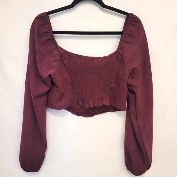 Kirious Juniors Puff Sleeve Corset Crop Top XL Square Neck Deep Maroon Romantic - Picture 2 of 7